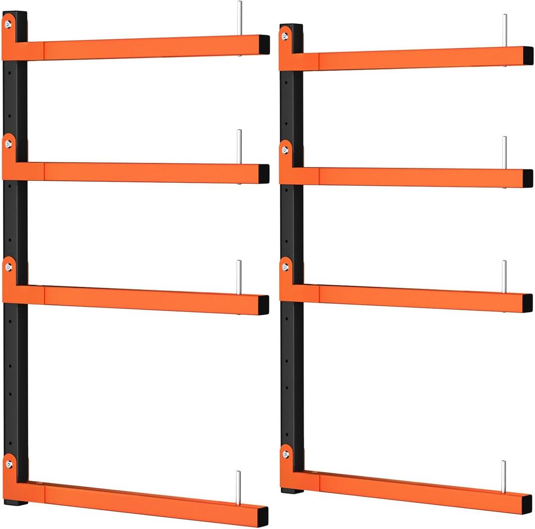 2 Pack Lumber Storage Rack, Wall Mount Foldable & Adjustable Lumber Rack with 4-Level Holds Up 520 Lbs, Heavy Duty Metal Garage Wood Rack for Workshop, Basement, Indoor and Outdoor
