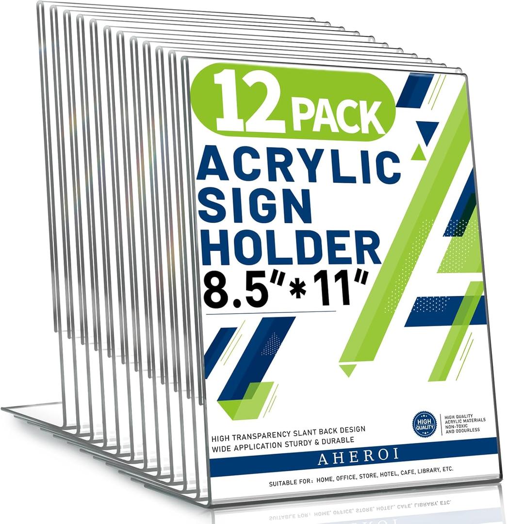 Aheroi 12 PCS Acrylic Sign Display Stands - 8.5 x 11, Clear Plastic Sign Holders for Paper Displays, Home Office Supplies (Vertical Style 2)