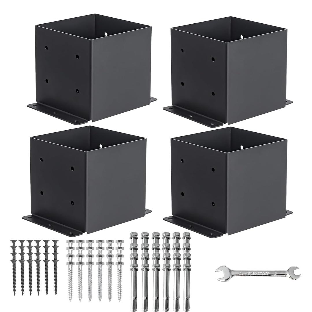 6x6 Post Base 4 Pcs, (Inner Size 5.6x5.6) Post Brackets Kit, Heavy Duty Black Metal Powder-Coated Post Anchor Outdoor Framing Module Fit for Support Deck Base Plate Pergola Brackets Fence Kit