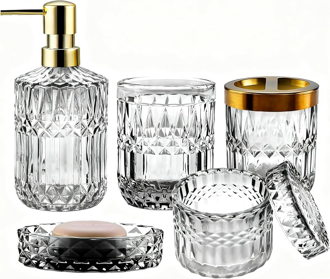 5Pcs White Bathroom Accessories Set, Glass Bathroom Accessories, Vintage Bathroom Countertop Decoration Includes Soap Dispenser, Toothbrush Holder, Qtip Holder,Soap Dish and Rinsing Cup