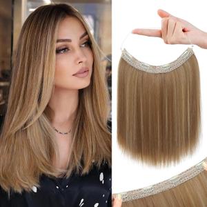 REECHO 12" Invisible Wire Hair Extensions with Thinner Softer Lace Weft Adjustable Size Removable Secure Clips in Short Straight Secret Hairpiece for Women - Medium Brown with Blonde Highlights