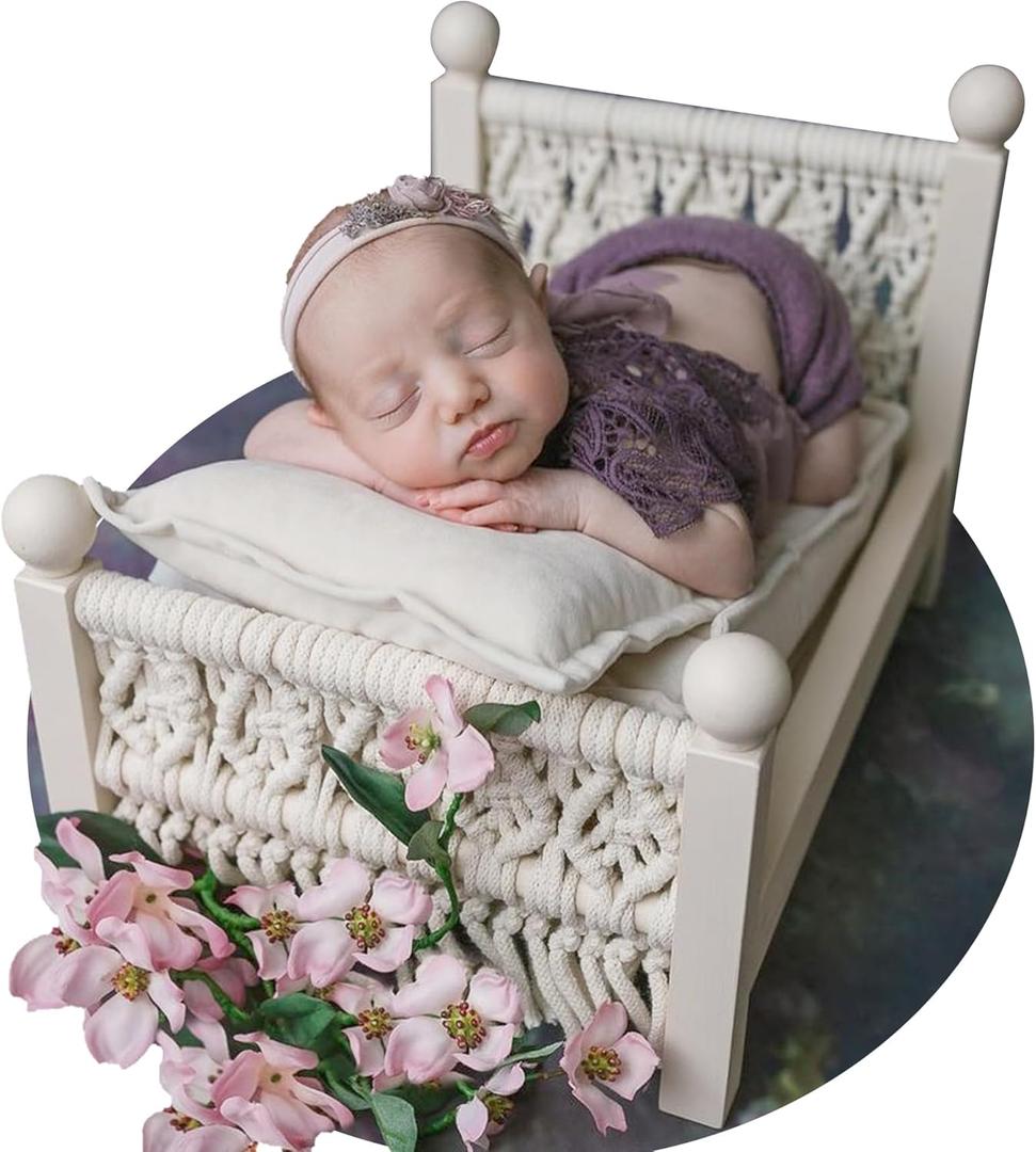 M&G House Newborn Photography Props Bed Woven Wooden Baby Photo Props Classic Retro Photoshoot Bohemian Macrame White Wood Bed Photo Studio Gift