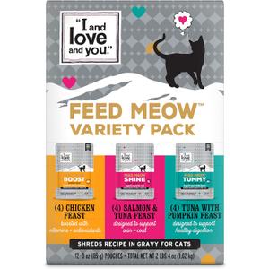 I and love and you Feed Meow Variety Pack - Salmon, Chicken, Tuna - Grain Free, Shredded, No Fillers 3oz Pack of 12, BB: 11/09/27