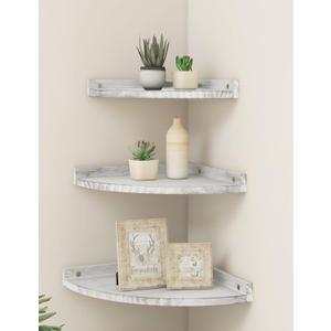 Corner Shelves Wall Mount, Rustic Natural Wood Corner Floating Shelf, Distressed White Storage Organizer Corner Wall Shelves for Living Room Kitchen Bedroom Bathroom Laundry, 9.68x9.68 Inch (Small)