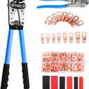 HKS Battery Cable Lug Crimping Tool 10-1 AWG with Cutter, 60Pcs Copper Ring Terminals & 60Pcs 3:1 Heat Shrink Tubing, Heavy Duty Wire Crimper Set for Battery Cables