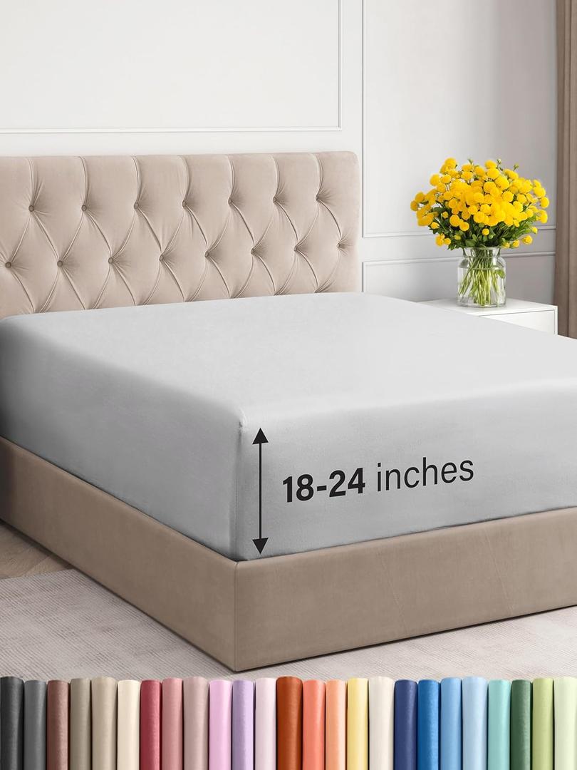Extra Deep Cal King Fitted Sheet - Hotel Luxury Single Fitted Sheet Only - Easily Fits 18 inch to 24 inch Mattress - Ultra Soft, Wrinkle Free w/Extra Deep Pockets - Breathable & Comfy - French Grey (California King, 03 - French Grey)