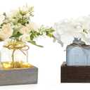 Mkono Mason Jar Coffee Table Decorations Farmhouse Wood Tray with 3 Jars Flowers Fall Table Centerpieces Decor for Kitchen Living Dining Room, Blue