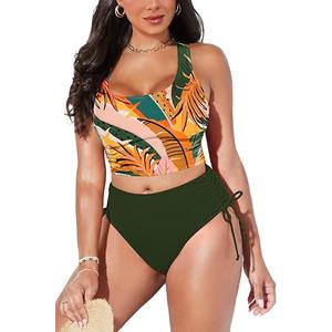 Pink Queen Women's Scoop Neck Racerback Ruched Crop Top High Waisted Bikini Sets 2 Piece Swimsuit Bathing Suit, M,  Tropical Green