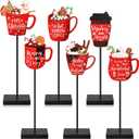 6Pcs Christmas Hot Cocoa Car Sign Wooden Tabletop Decor Hot Chocolate Coffee Bar Supplies Xmas Wooden Tables Centerpiece Sign for Christmas Tiered Tray Winter Holiday Home Party Decorations