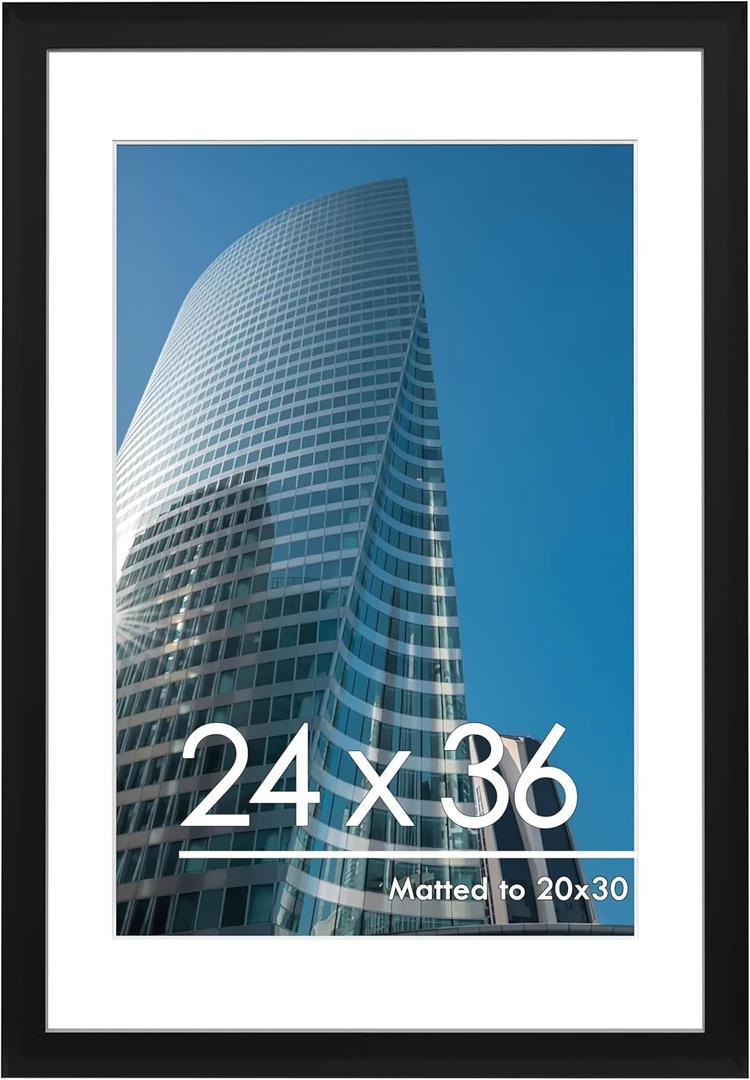 PEALSN 24x36 Poster Frame, Display Pictures 20 x 30 with Mat or 24 x 36 Without Mat, Poster Frames 24 x 36 inches for Wall Mounting Display, Black.