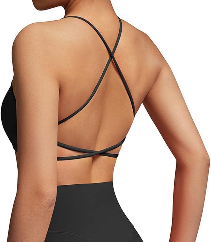SUUKSESS Women 2 Piece Open Back Sports Bra Pack Strappy Workout Gym Yoga Crops Black S