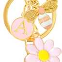 4 x Letter Keychain with Flower & Bee for Women, Girls - Initial Bag Charm for Backpack, Purse, Handbag, or School Bag