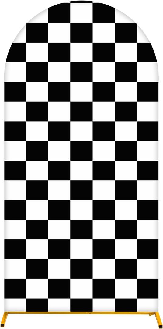 Arch Backdrop Cover 7.2FT Checker Monster Truck Birthday Party Decorations Arch Cover Spandex Fitted Circle Car Racing Arch Backdrop Covers for Kid Boys Let's Go Racing Party Supplies Black & White