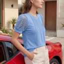 LUXVEER Women's Dressy Casual Blouses Puff Short Sleeve Lace Pleated Tops Business Work Shirts 2026 Trendy Summer T Shirt (Blue, S)