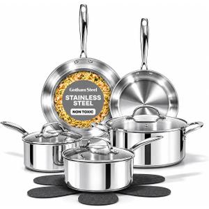 Gotham Steel 10 Pcs Tri Ply Stainless Steel Cookware Set, Pots and Pans Set with Induction Bottom, Made Without PTFE PFOA PFOS, Metal Utensil Safe, Oven and Dishwasher Safe