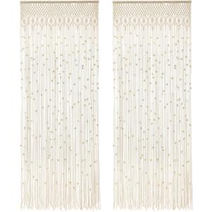 Boho Macrame Beaded Curtain Handmade Door Closet Curtain with Wooden Beads for Window Doorway Open Closet Bedroom Living Room Privacy Decor, 79" L x 36" W, White Set of 2