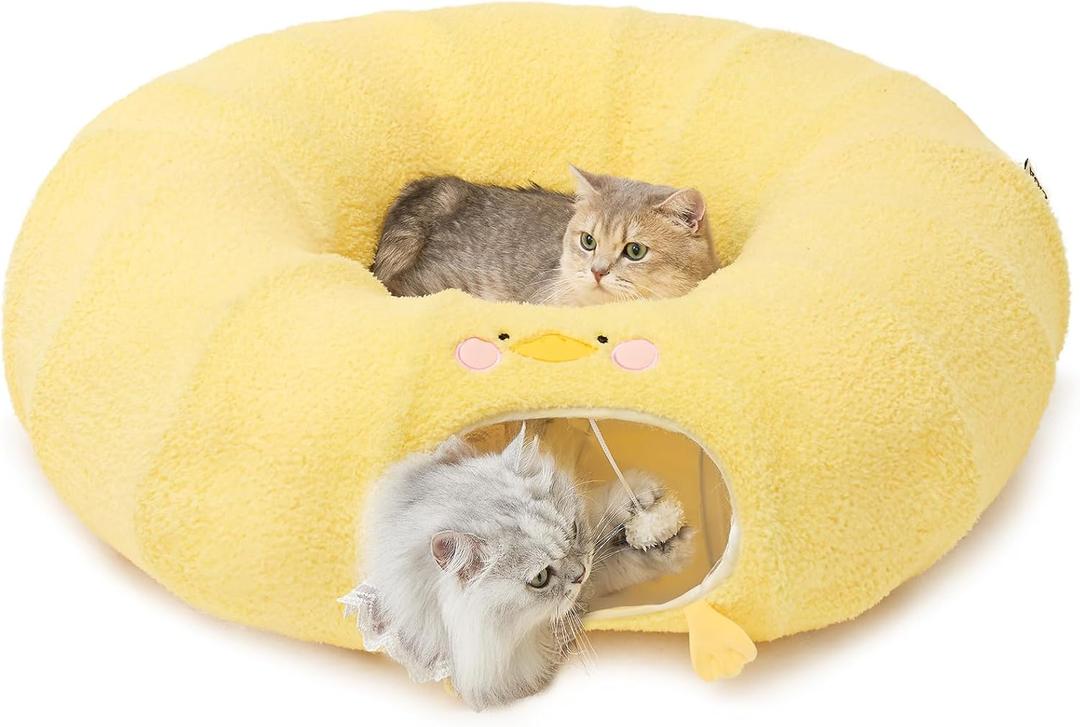 EHEYCIGA Cat Tunnel Bed for Indoor Cats, Cute Cat Donut Toy Tunnel for Small Large Cats with Washable Circle Cushion, Peekaboo Pet Cave Play Tunnel for Kitten, Puppy, Rabbit (Yellow)