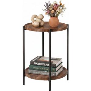 TeoKJ 2 Tier Small Side Table, Folding Round Metal End Table with Two Removable Wooden Tray, No Assembly Nightstand for Bedroom Living Room Bedside Round Bedside Table for Small Spaces, Walnut