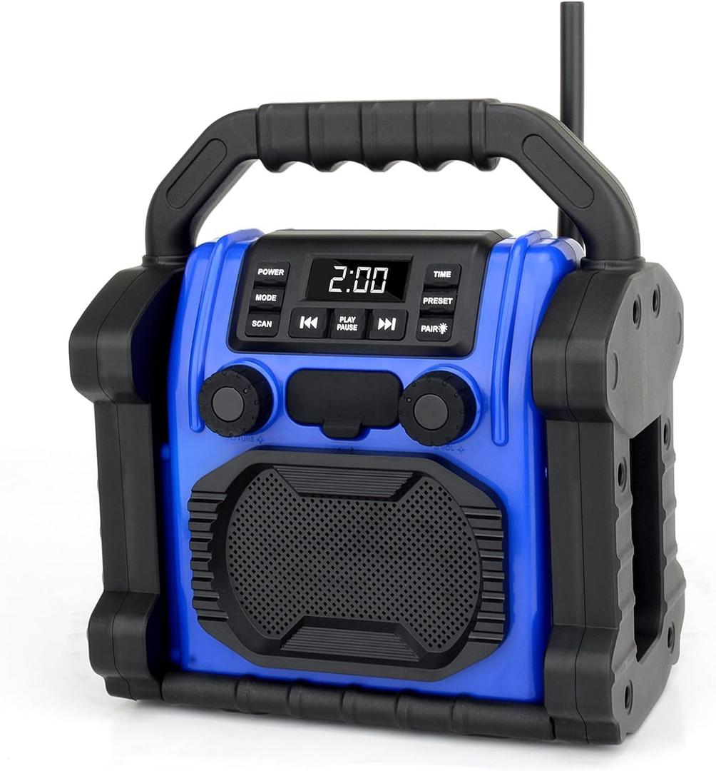 Outdoor Radios Waterproof Bluetooth Speaker ，8000mAh Battery ，30W IPX 66, Cell Phone Charging, Portable with LED Lights, Anticollision Fm Clock Radios for Workshop/Outdoor/Camping (Blue)