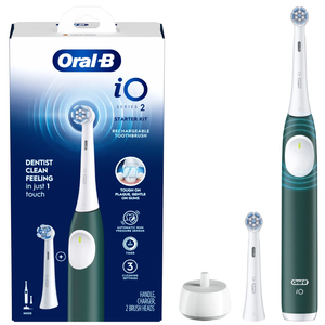 OralB Rechargeable Electric Toothbrush, iO2 Starter Kit, 3 Cleaning Modes, Automatic Pressure Sensor to Protect Gums, 2 Brush Heads, Forest Green