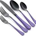 20-Piece Black Silverware Set 18/0 Stainless Steel Flatware Purple Handle Cutlery Set Service for 4 Dinner Knives Forks Spoons Set Mirror Finish Dishwasher Safe