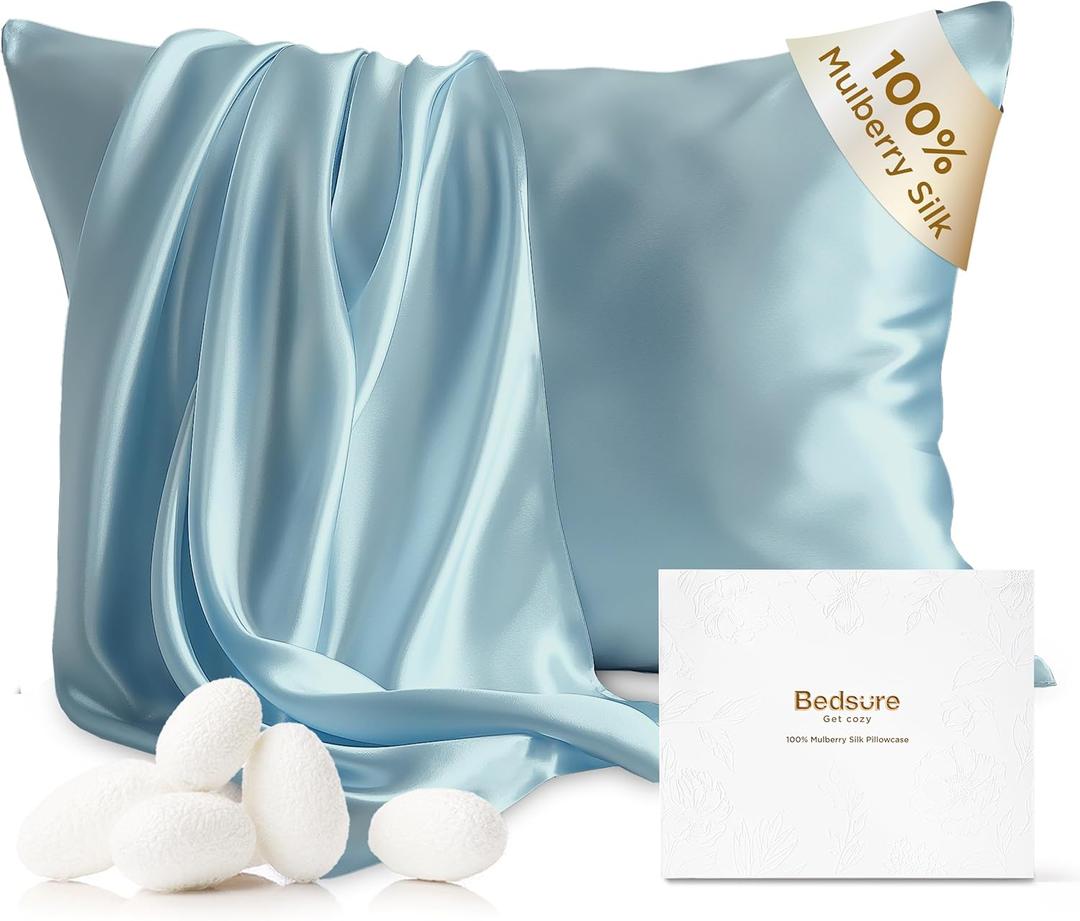 Bedsure 100% Mulberry Silk Pillowcase for Hair and Skin,Canal Blue Silk Pillow Case with Hidden Zipper, Gifts for Women Men, Standard Size Single Pack,20x26 Inches