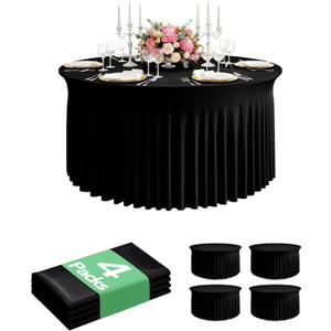4 Pack Spandex Table Cover Skirts for 72 inch Round Tables, Black Stretch Table Cloths with Floor-Length Ruffle, Elastic Fitted Skirted Tablecloth for Elegant Wedding Banquet Party Buffet Decoration