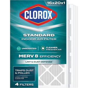 Clorox 16x20x1 Air Filter, MERV 8 Pleated HVAC AC Furnace Air Filters for Lint, Dust and Pollen, MPR 600 & FPR 5 Pack of 4