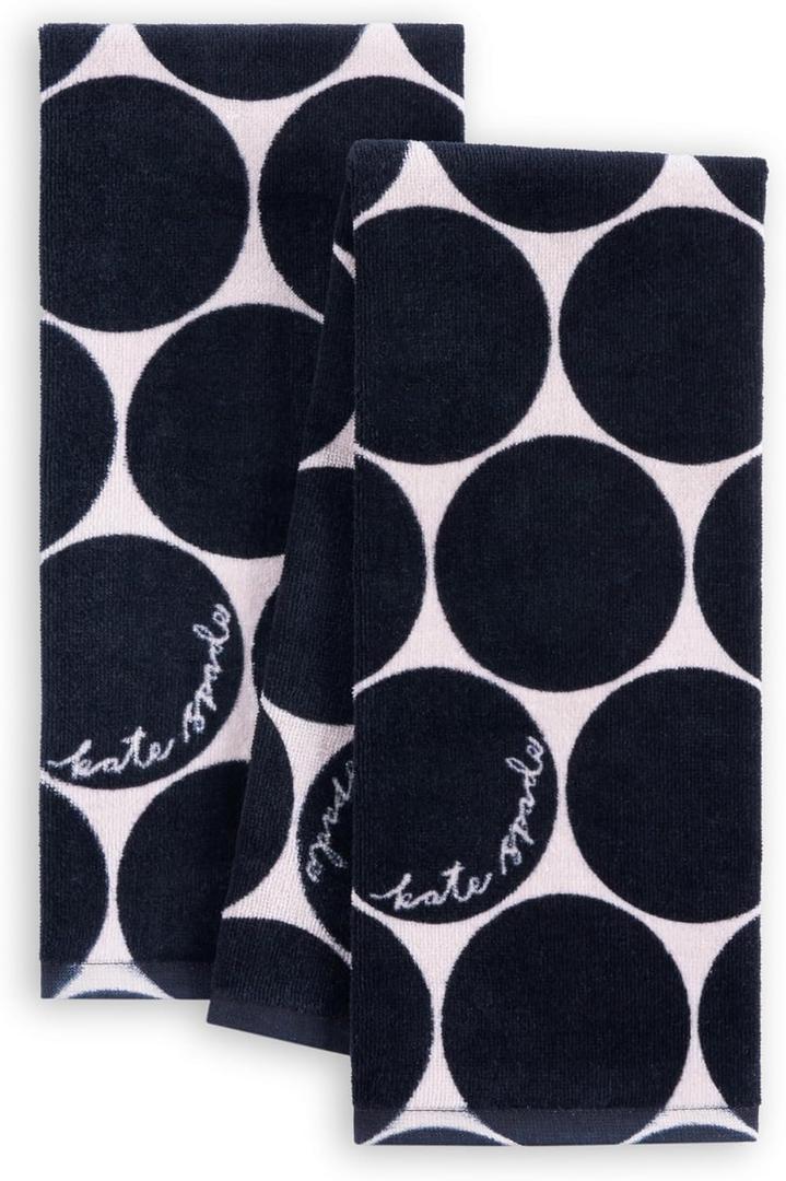 kate spade new york Joy Dot Kitchen Towels 2-Pack Set, Absorbent 100% Cotton Velour, Black/Beige, 17"x28"