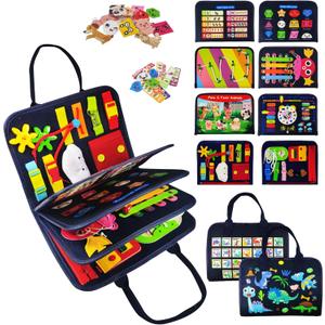 TenFans Busy Board - Montessori Toys for 3+ Year Old - Sensory Toys for Toddlers 3-5 - Gifts for Boys Learning Fine Motor Skills - Educational Activities Travel Toys for Car Airplane (8 Pages Navy Blue)