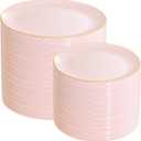 PULOTE 200Pieces Pink Plastic Plates - Premium Hard Pink and Gold Disposable - Include 100PCS 10 inch Dinner & 100PCS 7 inch Dessert Plates, Ideal for Wedding, Party & Mother's Day