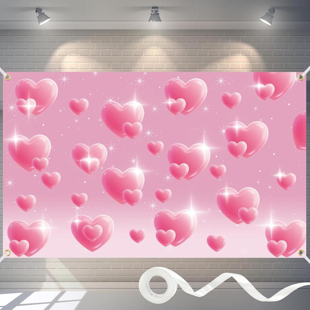 2 x 6x4FT Pink Heart Y2K Backdrop Early 2000s Party Decorations, Glitter Heart 2000s Backdrop with Ribbon & 4 Brass Grommets, Double-Stitched Pink Y2K Banner for Birthday Photoshoot