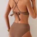 Eomenie Bikini Sets for Women Color Block Two Piece Bathing Suit V Neck Tie Back Swimsuit (Brown, S)