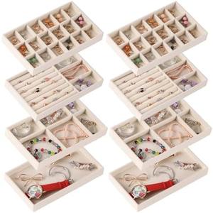 Afnkiom Jewelry Trays,Velvet Stackable Organizer Trays,Drawer Inserts Jewelry Display Case For Rings Stud Necklaces Earring Organizer Tray for Women Girls-8 Pack (Beige)