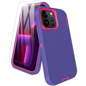 for iPhone 13 Pro Max Case, with Screen Protector, Dust-Proof Port Cover, Full-Body Non-Slip Silicone Rubber Covered, Military Grade Drop-Proof Shockproof Phone Case, Red/Purple