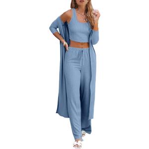 Fessceruna Womens 3 Piece Lounge Sets Pajamas Knit Long Sleeve Cardigan Crop Top Wide Leg Pants Loungewear Set (X-Small)