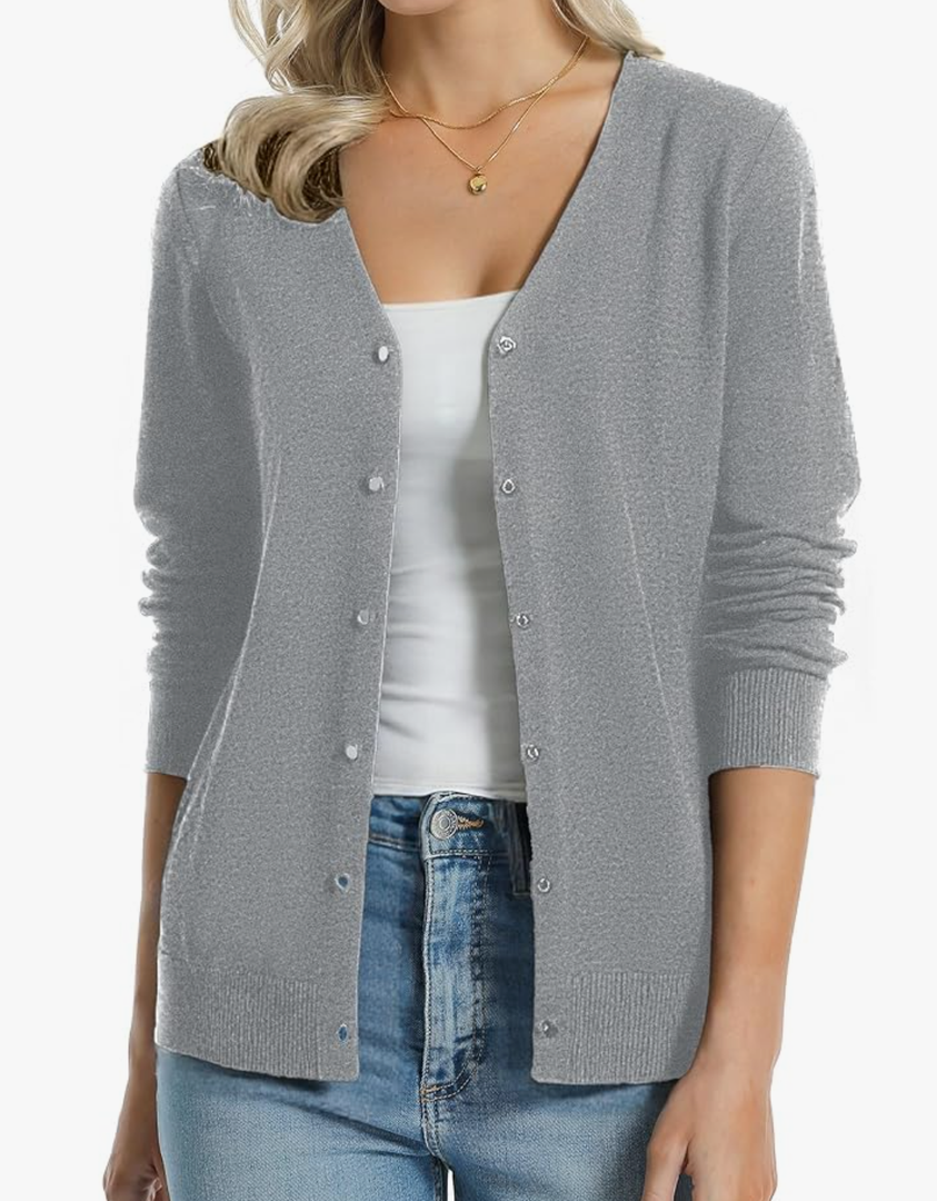 QUALFORT Women's 100% Cotton Lightweight Cardigans Long Sleeve Knitted Button Down Sweater, M