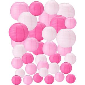 Treela 48 Pcs Paper Lanterns Party Decorations Chinese Round Paper Decor 4/6/8/10 Inch Asian Hanging Lamps Decorative for Birthday Party Wedding Bridal New Year Christmas Supplies(Pink Series)