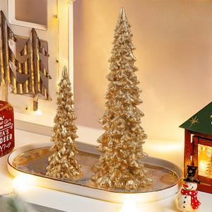 Juegoal Christmas Tree Table Decorations Set of 2, 9.5" Golden Resin Xmas Pine Trees, Vintage Tabletop Trees Ornaments Dinner Holiday Party Supplies, Winter Mantle Shelf Centerpieces Decor