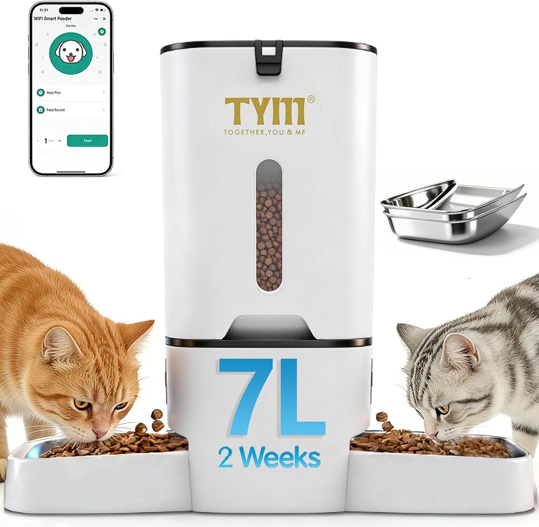 TYM Dual Automatic Cat Feeder for 2 Cats, 7L WiFi Cat Food Dispenser with Smart App Control, Programmable Feeding Schedule for Multiple Pets, Stainless Steel Double Bowls, Detachable for Easy Clean