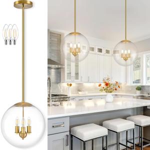 Bagood 14" Globe Pendant Light Contemporary Globe Pendant Lights Kitchen Island 3 Light Gold Mid Century Pendant Light Clear Glass with Brass Finish Adjustable Hanging Light Fixture for Dining Room