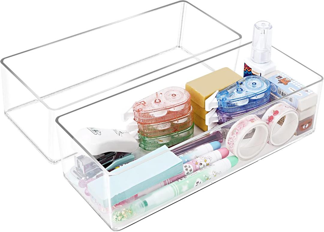 Stackable Clear Drawer Organizers Small Makeup Vanity Storage Bins Trays and Office Desk Drawer Dividers Single Compartment 2 Pack