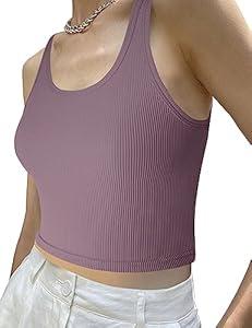 tagunop Women's Summer Tank Tops Sleeveless Scoop Neck Basic Cami Tee Shirts Casual Ribbed Slim Fitted Top, Grey Purple, Size: S