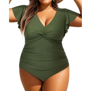 Aqua Eve Plus Size One Piece Swimsuit with Sleeve Tummy Control Bathing Suit Ruffle Vintage Swimwear (Army Green), Size: 16W Aqua Eve Plus Size One Piece Swimsuit with Sleeve Tummy Control Bathing Suit Ruffle Vintage Swimwear (Army Green), Size: 16W