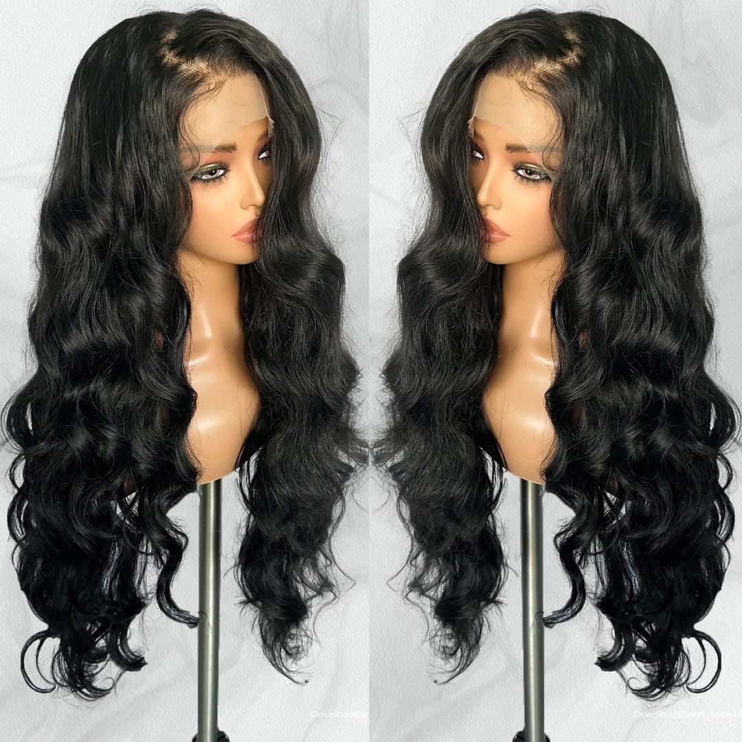 SOKU 13x6 Long Body Wave Lace Front Synthetic Wigs for Black Women 30 Inches Natural Black Glueless Wavy Wig Pre Plucked Hairline with Baby Hair Transparent Lace Frontal for Daily Wear