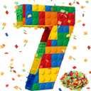Number 7 Building Blocks Piata 16.5 Inch Party Supplies 7th Birthday Party Decorations Piata with Confetti Blocks Theme Fiesta Anniversary Celebration
