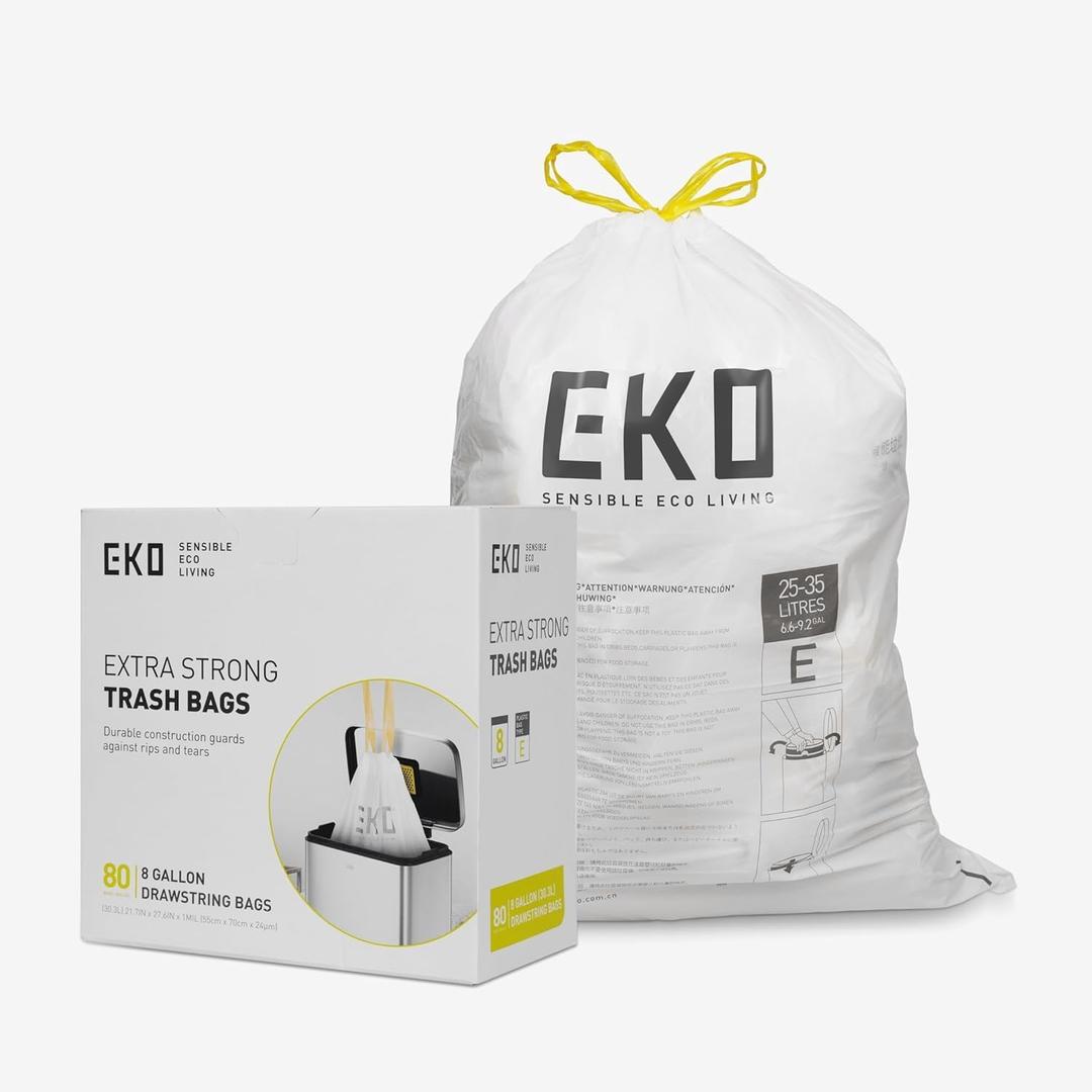 EKO Easy-Dispense Roll 80 Count Extra-Strong Drawstring Tall Kitchen Trash Bag, 8-9.5 Gallon Trash Bag (30.3L-36L) 1 Pack White, Code E