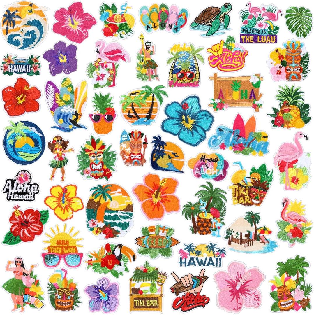 Yuxung 48 Pcs Hawaiian Iron on Patches Hawaii Summer Sea Beach Tropical Flower Embroidery Applique Patch Colorful Sewing Patches for Backpack,Hats,Clothing,Jackets,Jeans DIY Emblem Accessory
