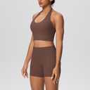 Workout Sets for Women 2 Piece Backless Halter Tops High Waist Booty Yoga Gym Outfits Shorts with Pockets (Coffee Brown, Medium) (Brown, M)