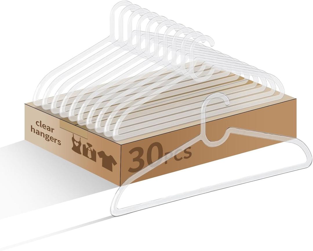 Clothes Hangers 30 Pack, 16" Heavy Duty Coat Hanger, Clear Acrylic Hangar, Non-slip Short Neck Hanger for Closet, Space Saving Slim Thin Perchas for Adult Suit, T-shirt, Jacket, Dress, Blouse Clothing